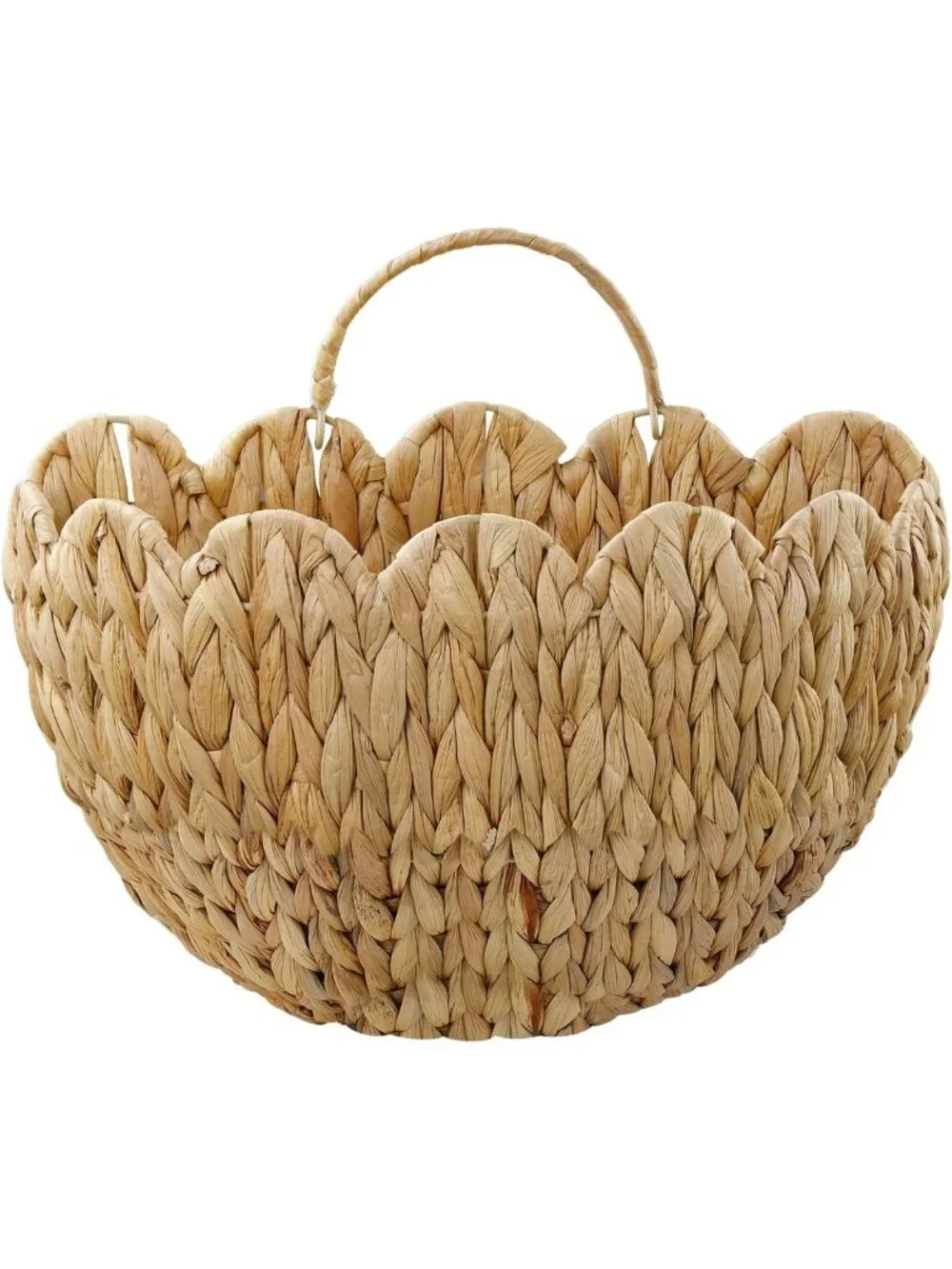 Scalloped Water Hyacinth Hanging Basket with Handle - Wicker Wall Decor for Home